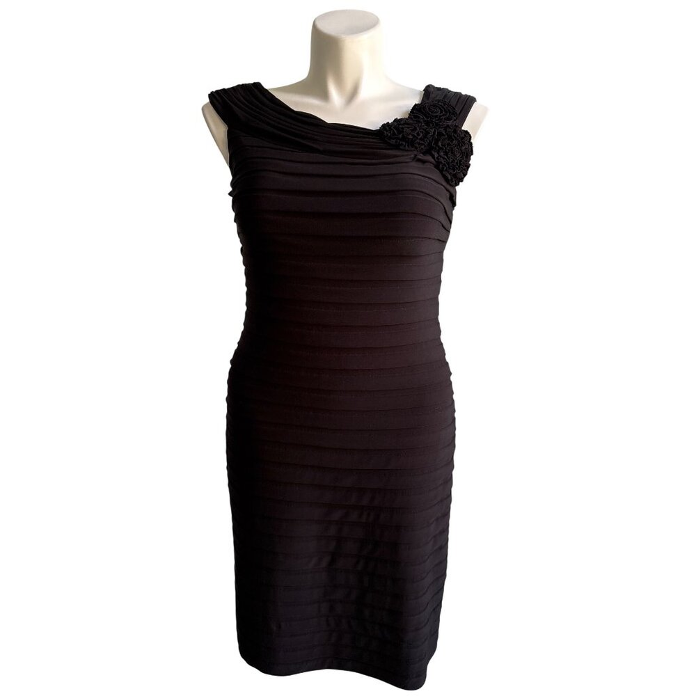 Adrianna Papell Black Pleated Cocktail Dress With Floral Accent, Women's Size 16
